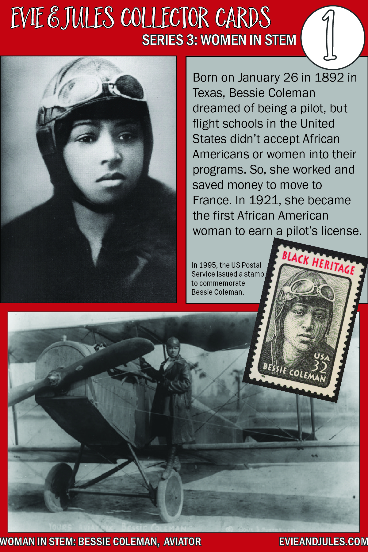 Bessie Coleman Coloring Page Evie And Jules Collector Cards Series 3 Women In Stem Bessie