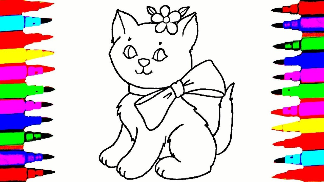 Bow Coloring Pages Cat Drawing And Coloring Videos For Children L Cute Cat With A Bow Coloring Pages Teach Drawing