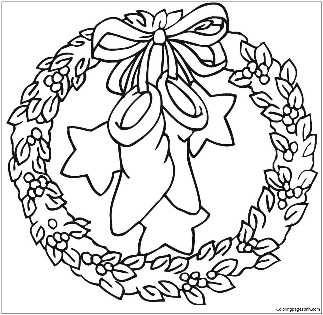 Bow Coloring Pages Wreath With Bow Holding Stockings And Stars Coloring Page Free