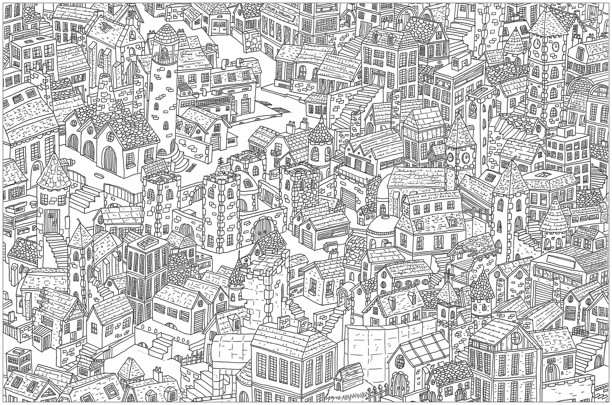 City Coloring Page Complex City Architecture Adult Coloring Pages