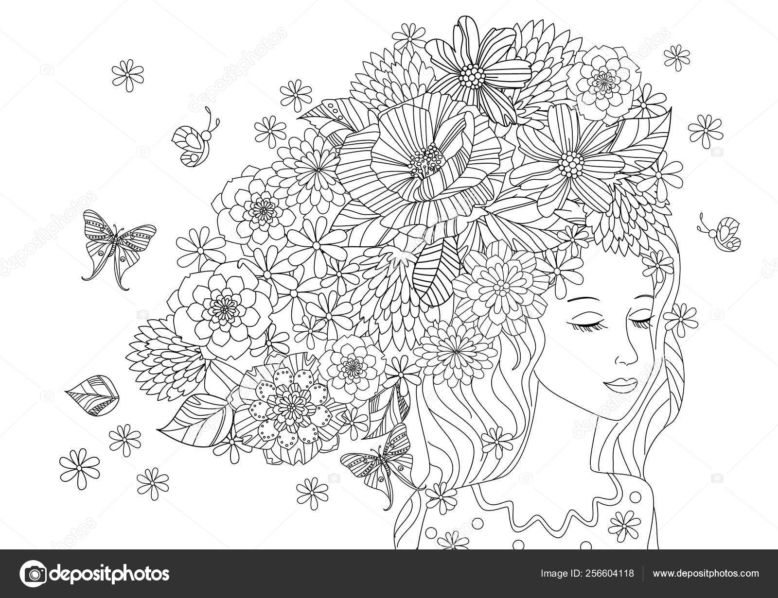 Coloring Page Girl Beautiful Girl Flowers Hair Your Coloring Page