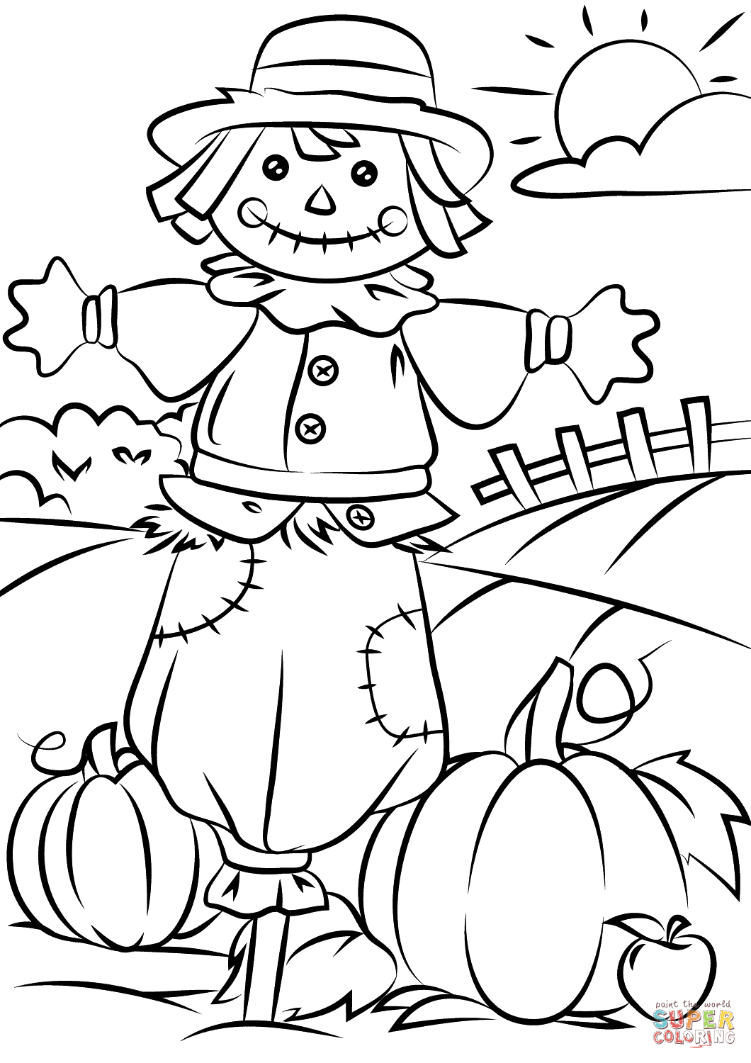 Coloring Pages Autumn Season Autumn Scene With Scarecrow Coloring Page Free Printable Coloring