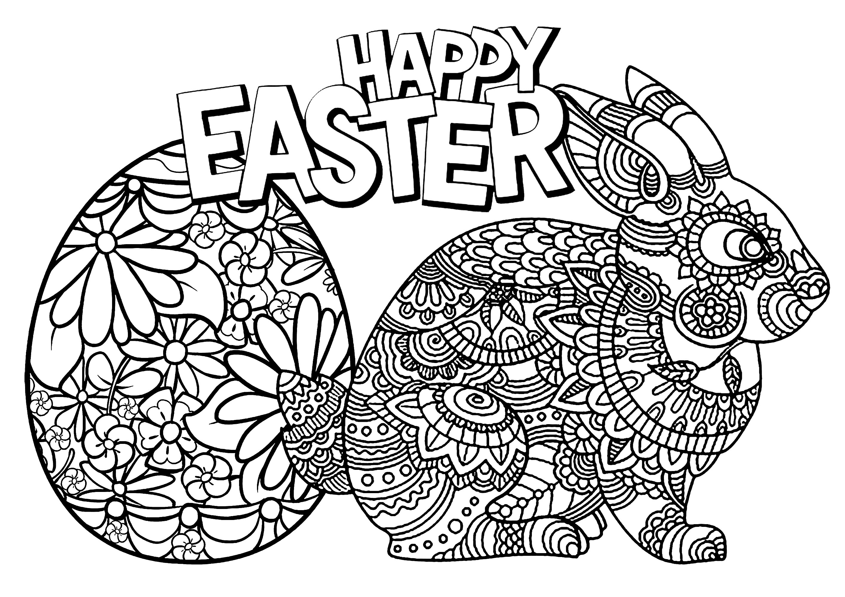 Coloring Pages For Adults Easter Easter And Rabbit Egg With Text Easter Adult Coloring Pages