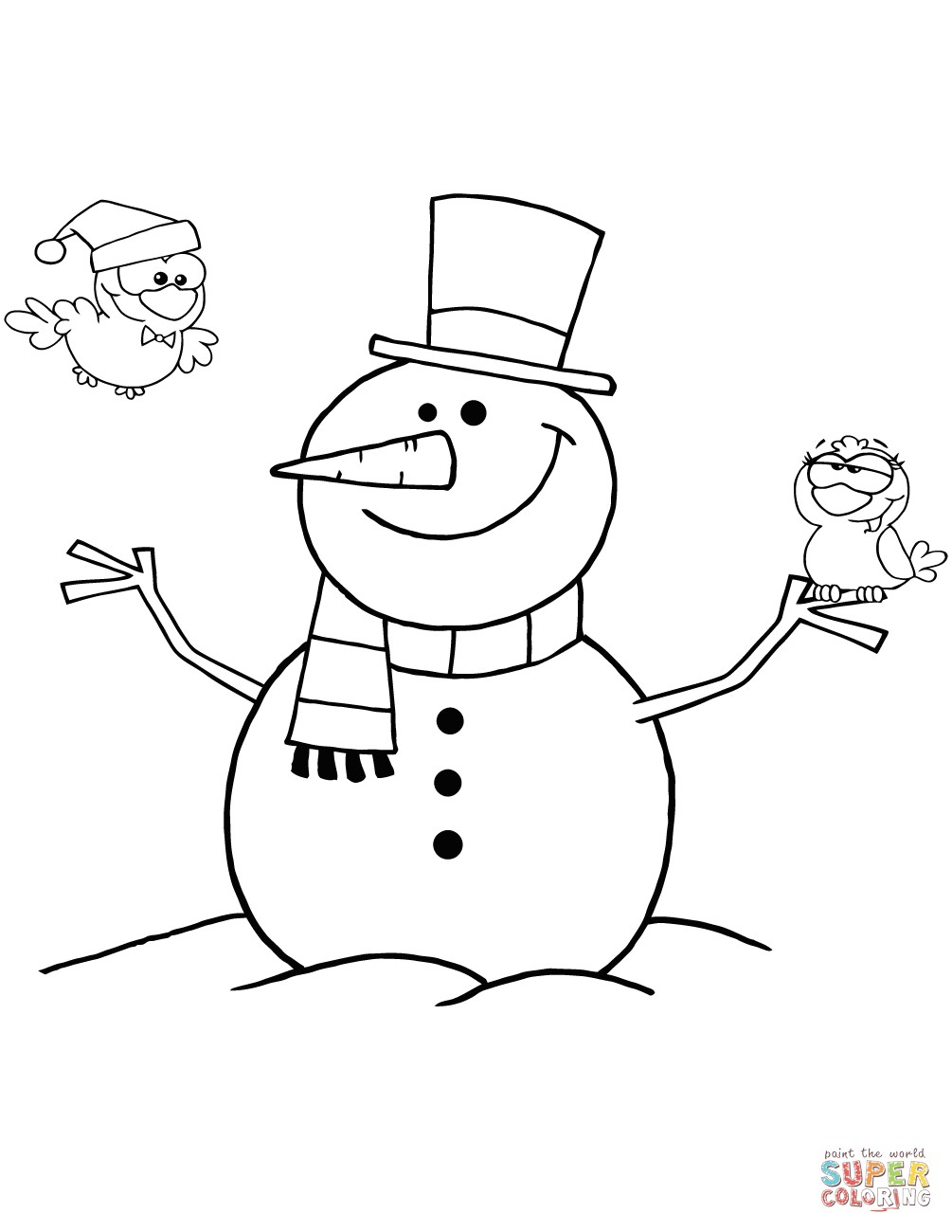 Coloring Pages Of Snowmen Friendly Snowman With A Cute Birds Coloring Page For Snowman