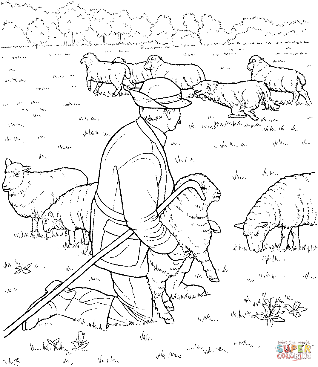 Coloring Pages Sheep And The Shepherd Sheep Herd And Shepherd Coloring Page Free Printable Coloring Pages