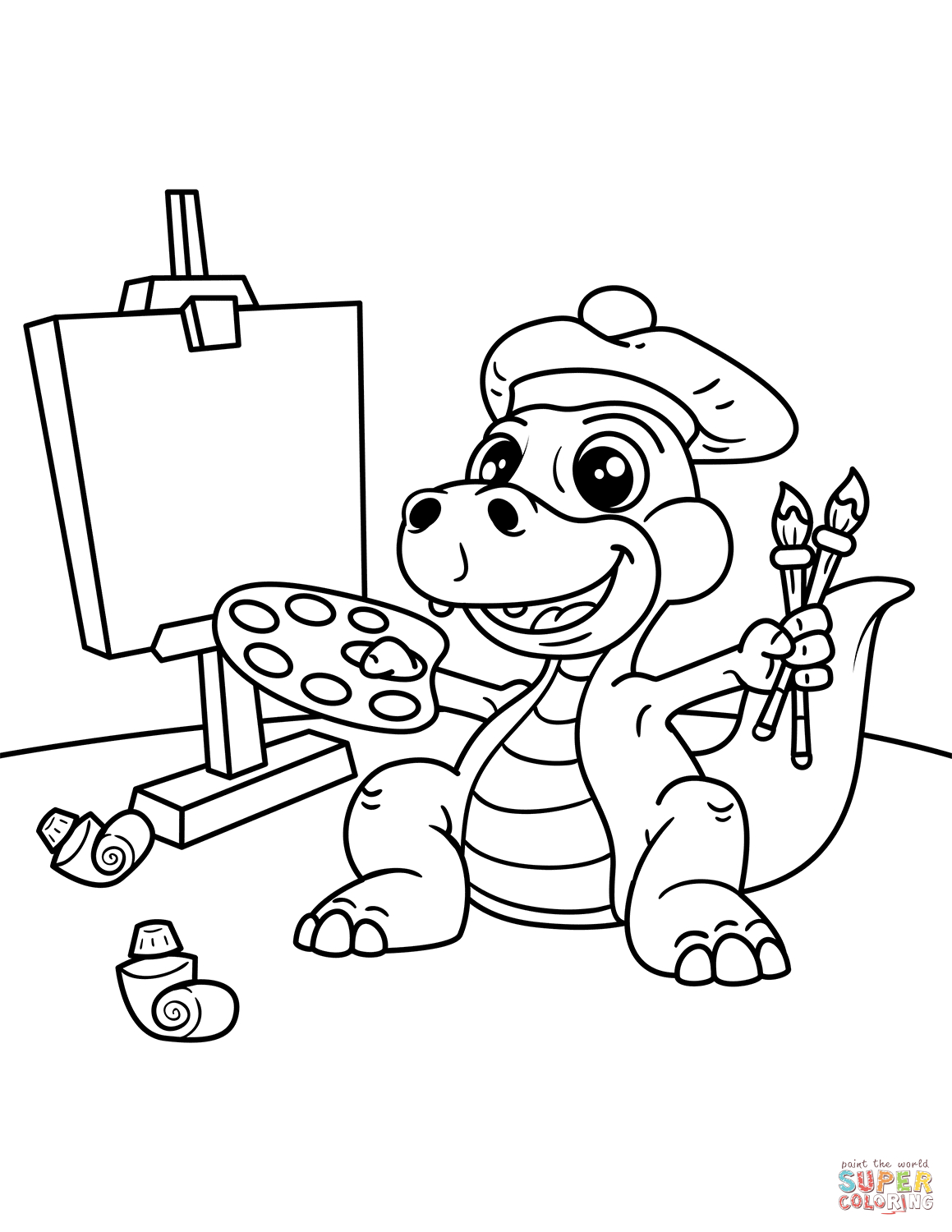 Colors Coloring Pages Cute Dinosaur Artist With Easel Brush And Palette Of Colors