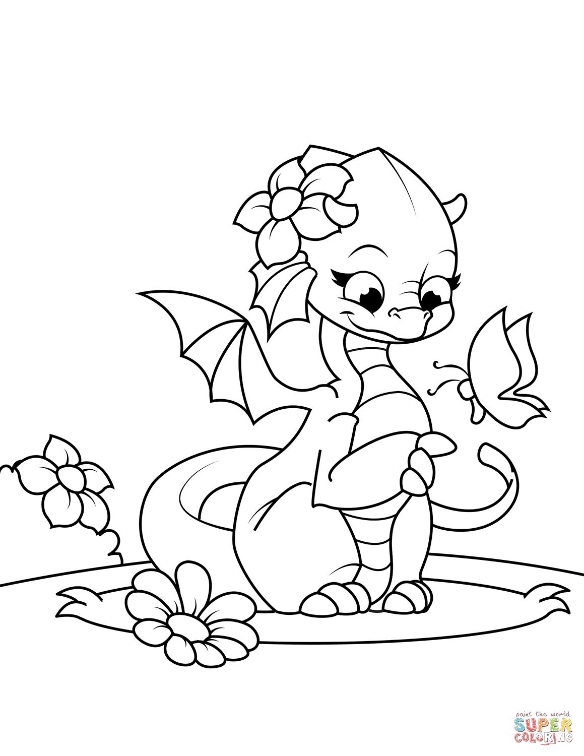 Cute Girl Coloring Pages Cute Girl Dragon Playing With Butterfly Coloring Page Free