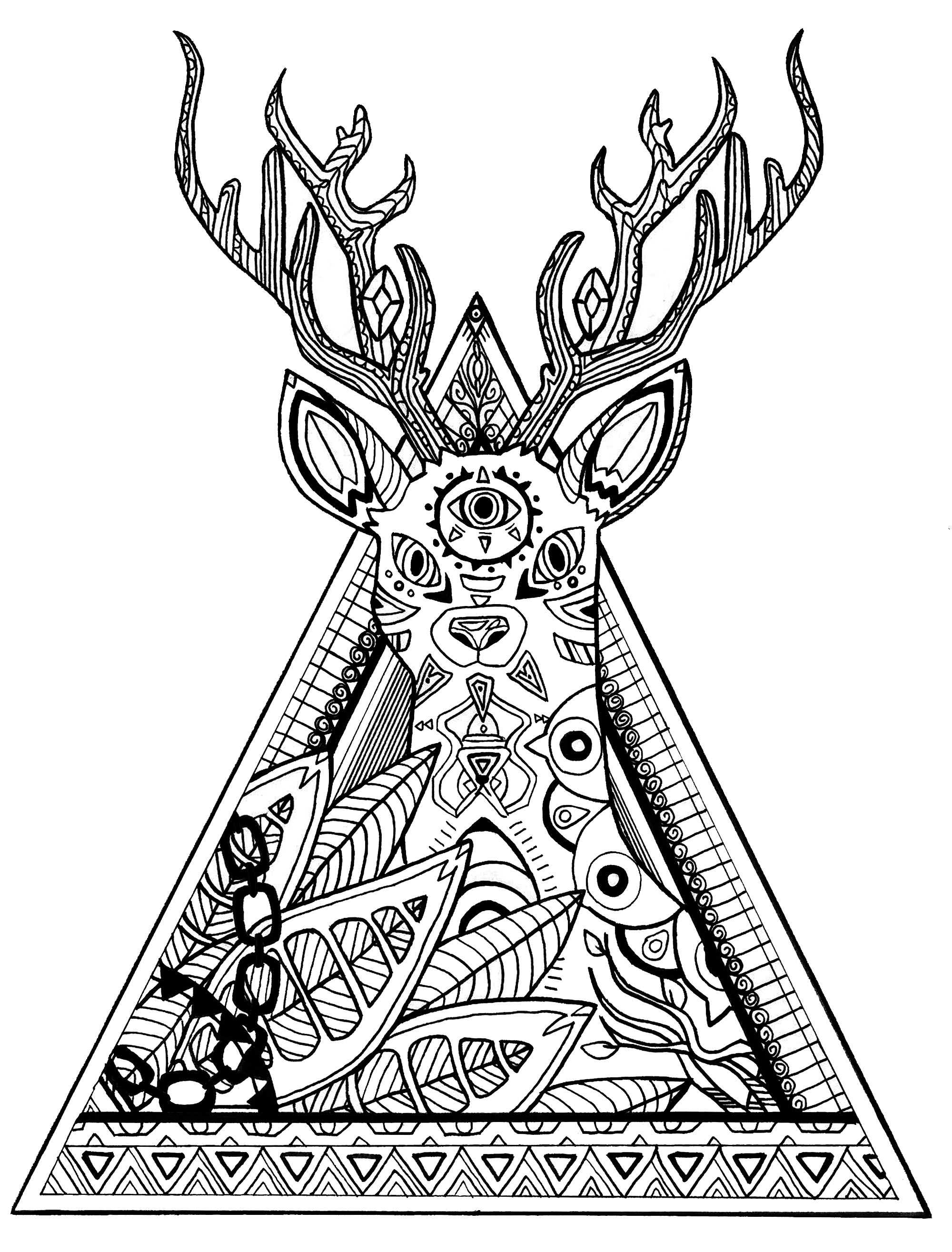 Deer Coloring Pages Deer In A Triangle Deers Adult Coloring Pages