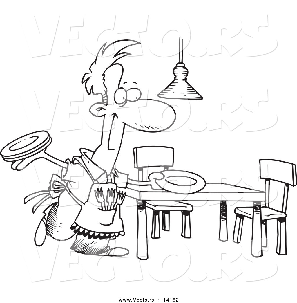 Dinner Plate Coloring Page Vector Of A Cartoon Happy Stay At Home Dad Setting The Dinner Table