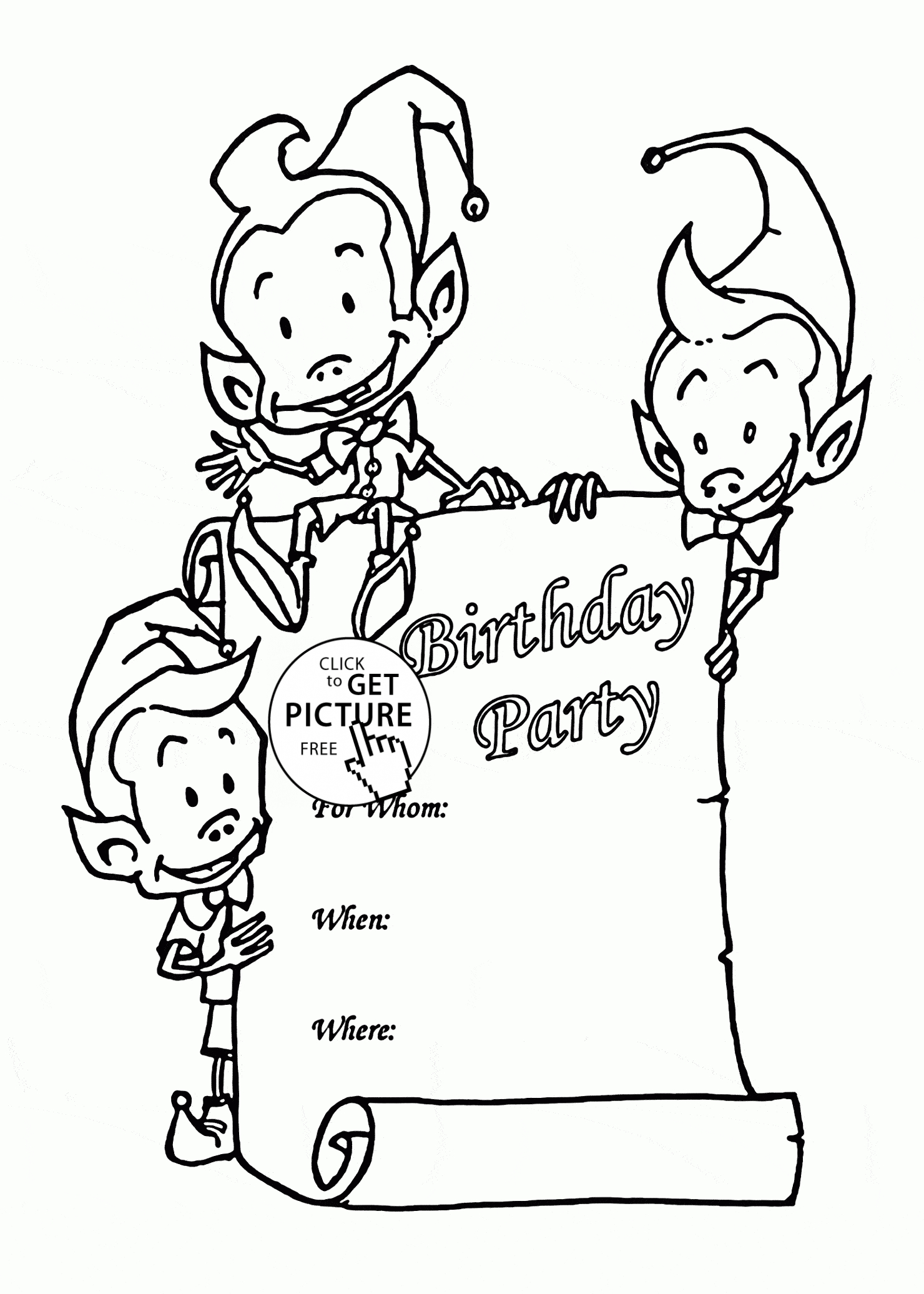 Elf Coloring Pages Printable Birthday Party Card With Funny Elves Coloring Page For Kids Holiday