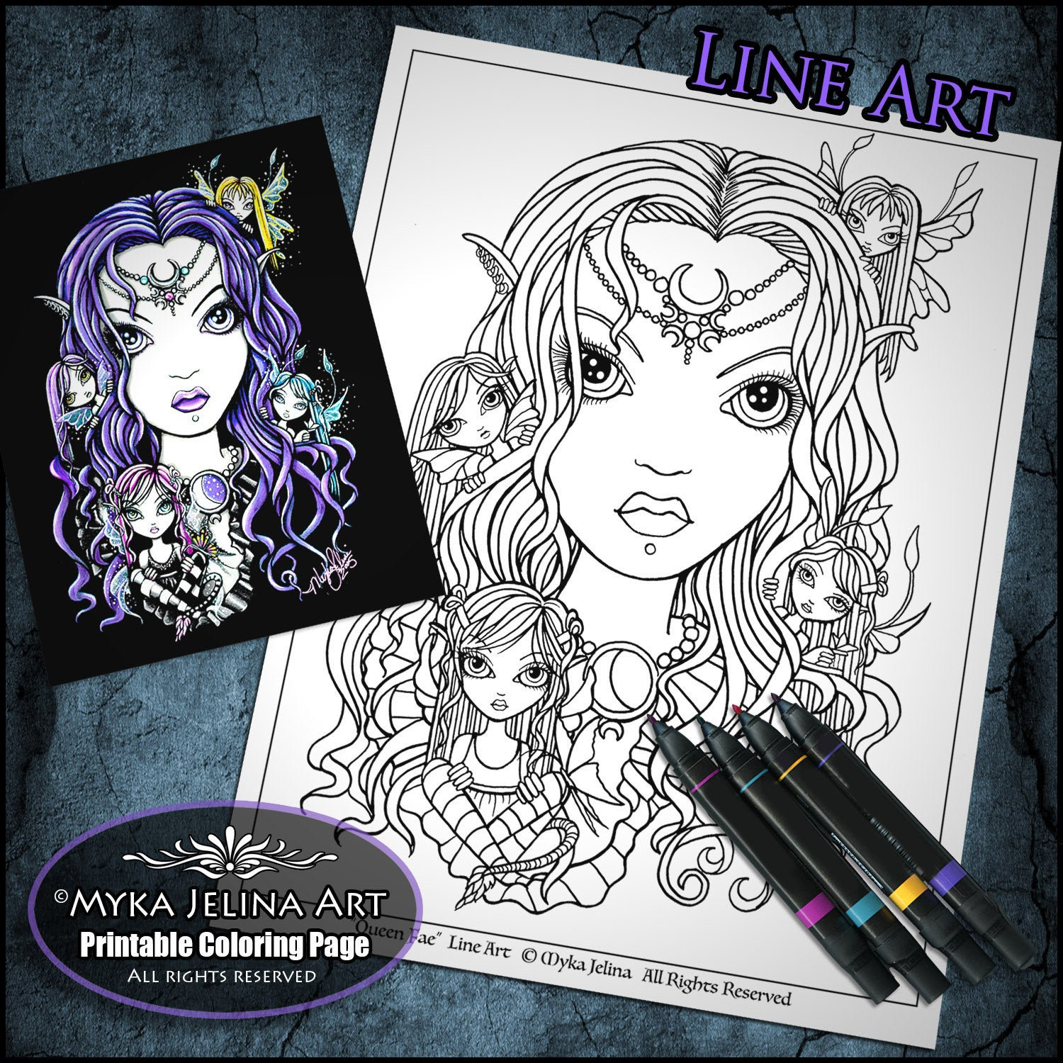 Fairy Queen Coloring Pages Queen Fae Line Art Digital Download Coloring Page Gothic Fairy Myka Jelina Art Big Eyed Child Fairies