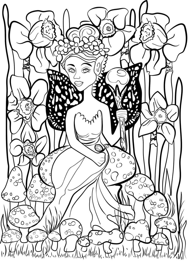 Fairy Queen Coloring Pages Stress Management Fairy Queen On Mushroom Adult Coloring Page