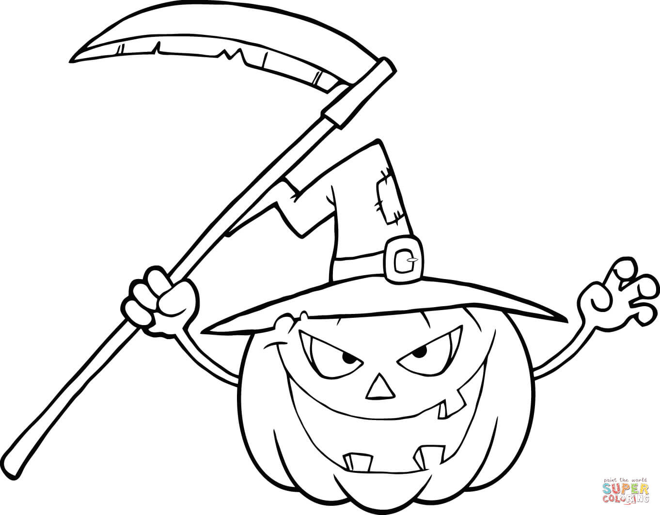 Halloween Pumpkin Coloring Pages Printables Scary Halloween Pumpkin With A Witch Hat And Scythe Coloring Page