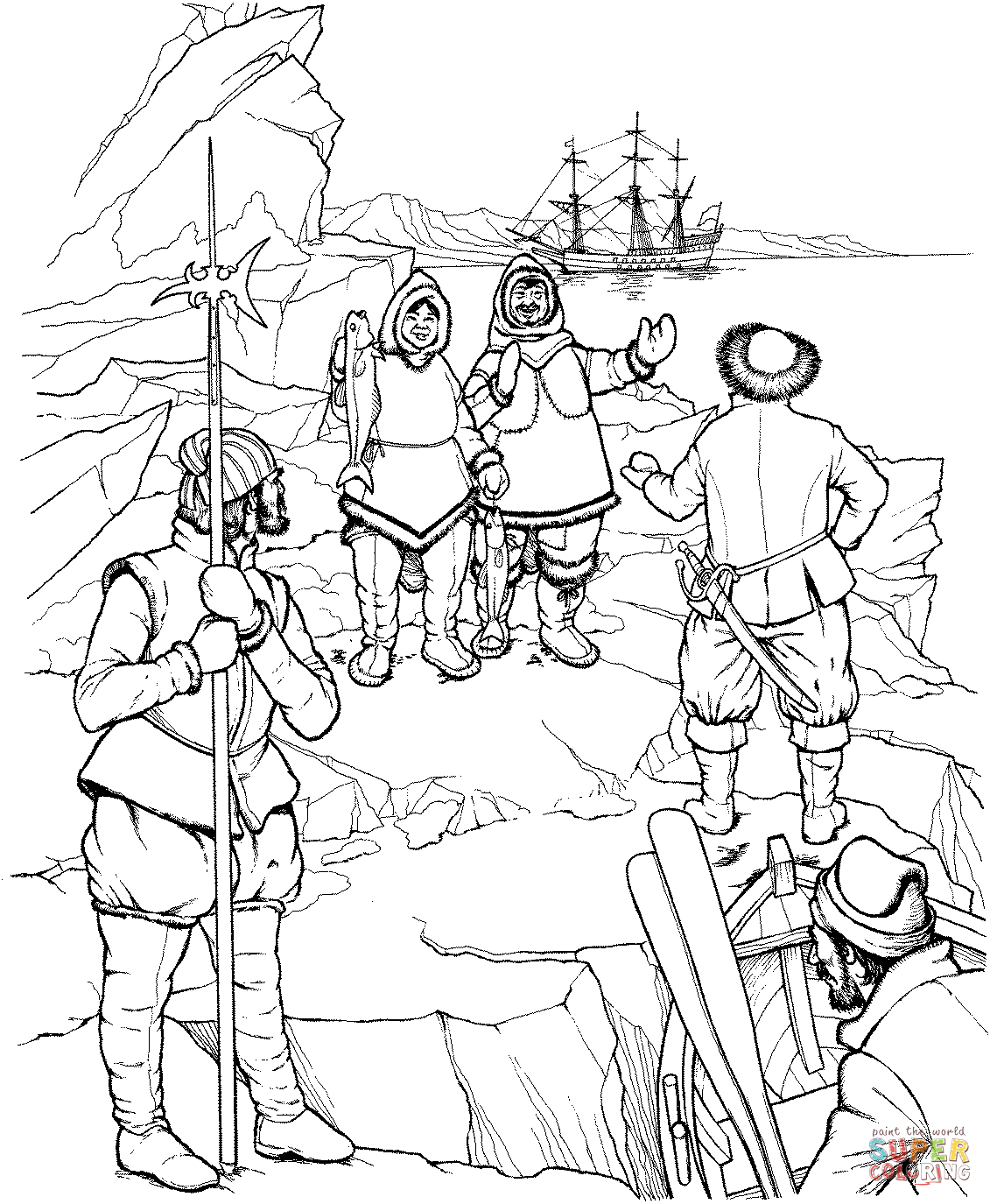 Inuit Coloring Pages Eskimo Meets First Explorers Of North America Coloring Page Free