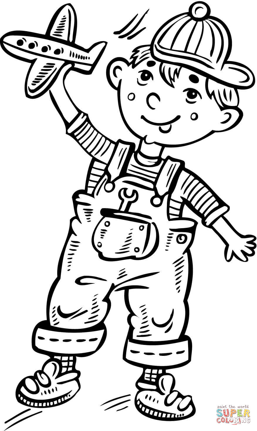 Little Boy Coloring Pages Little Boy Playing With A Toy Plane Coloring Page Free Printable