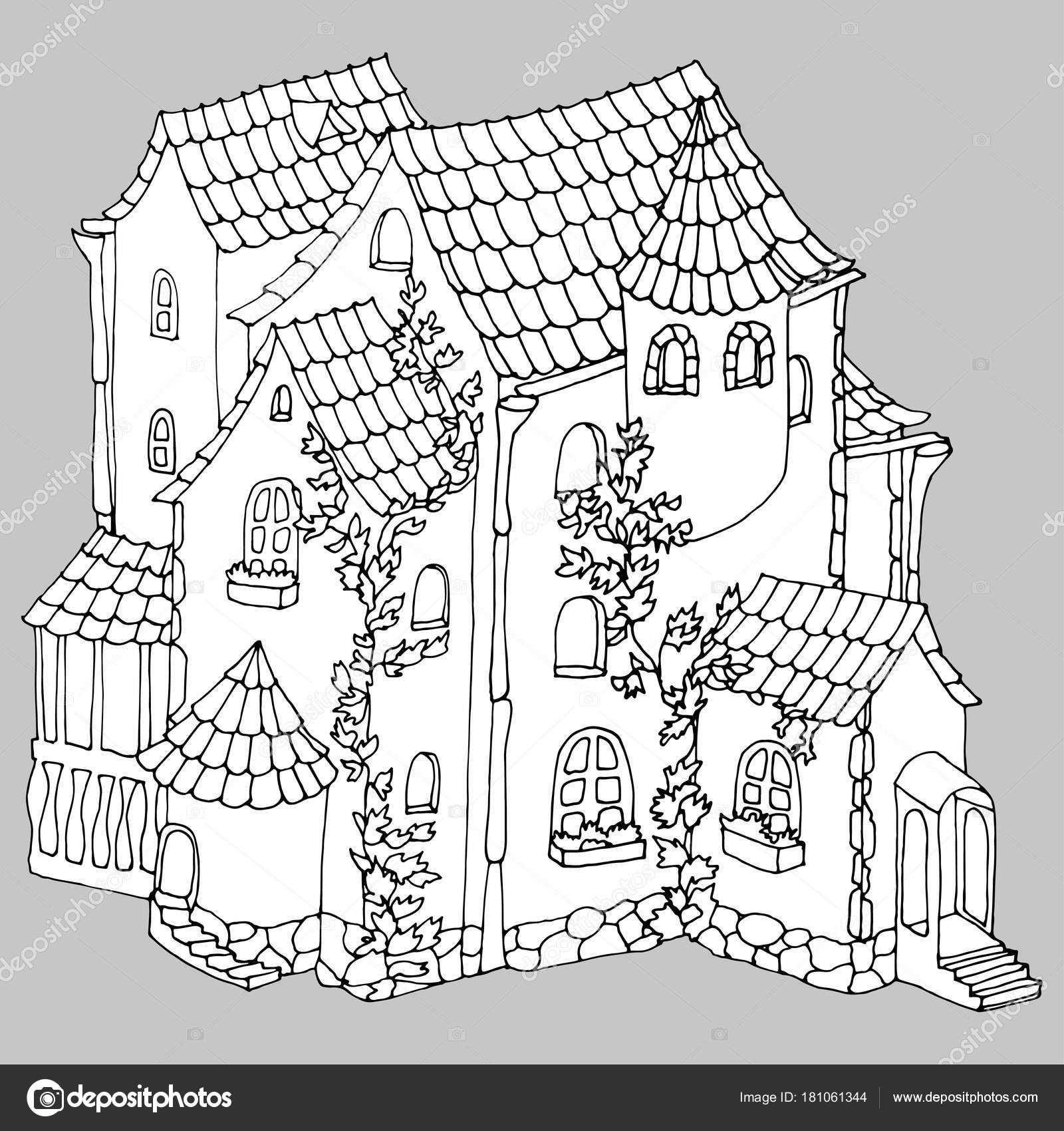 Mansion Coloring Pages Fairy Tale Ancient Brick House Mansion Graphic Vector Illustration