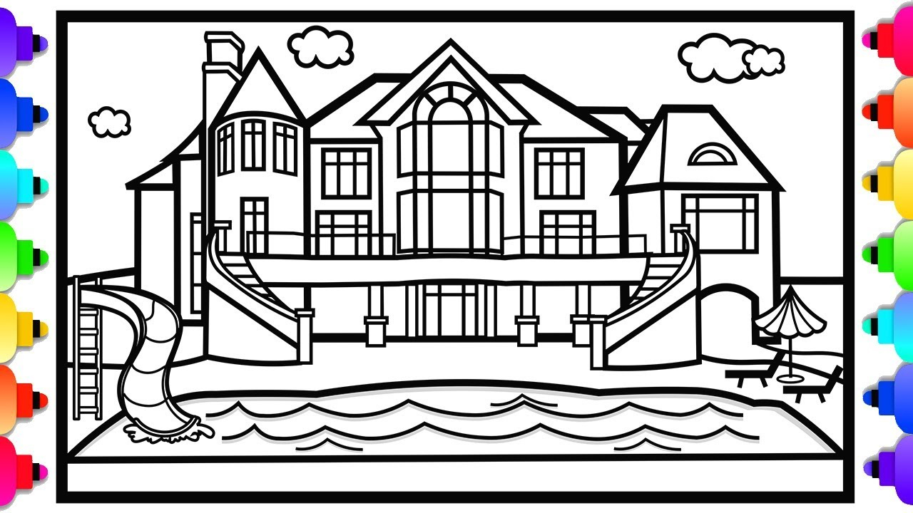 Mansion Coloring Pages How To Draw A Mansion House With A Swimming Pool For Kids Mansion Coloring Page For Kids