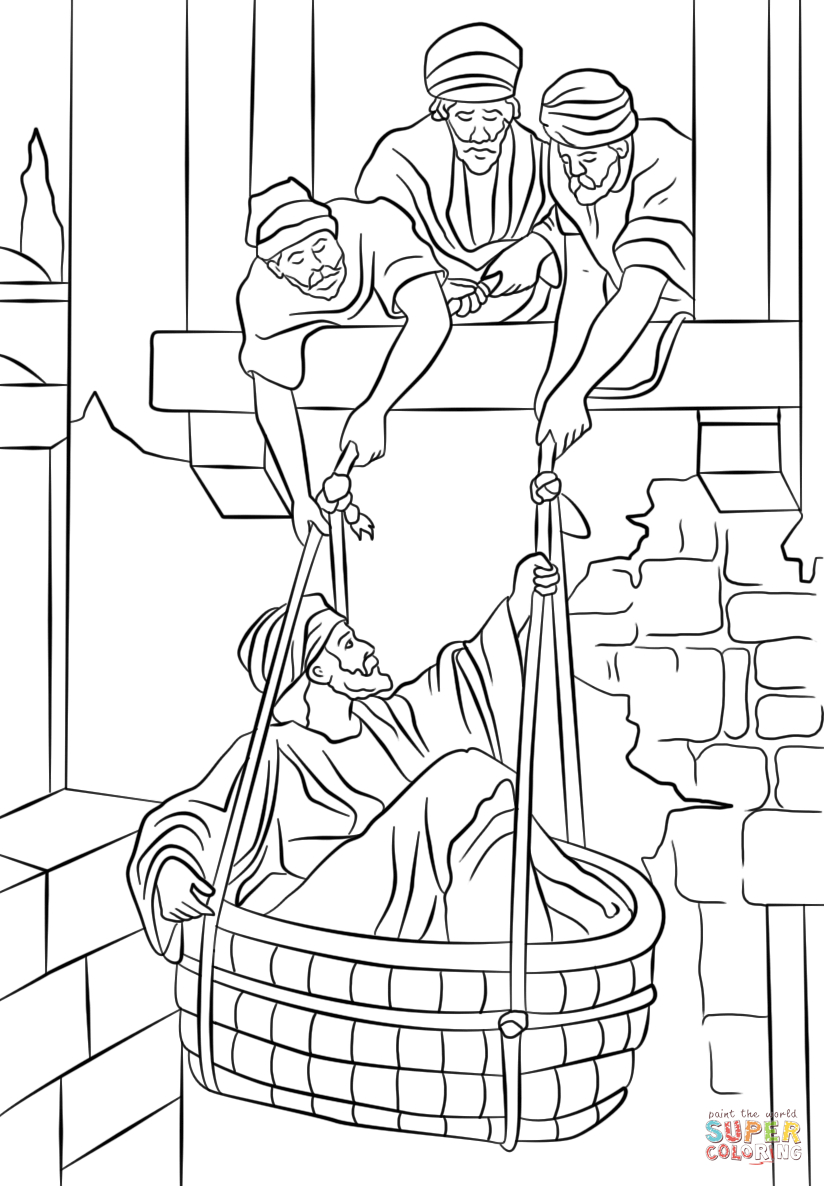 Paul Coloring Pages Paul Escapes In A Basket Coloring Page Free Printable Coloring Pages