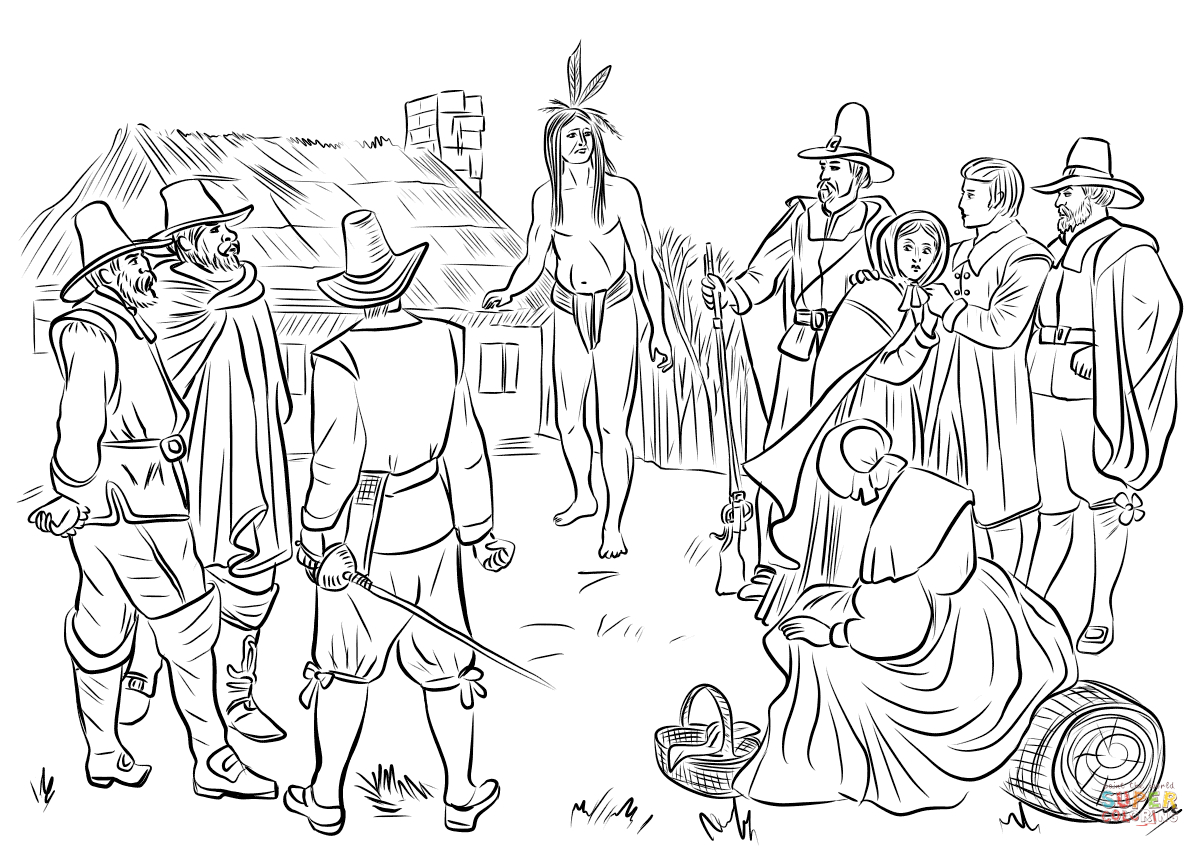 Pilgrim Indian Coloring Pages Pemaquid Indian Samoset Befriending Hungry Plymouth Colonists