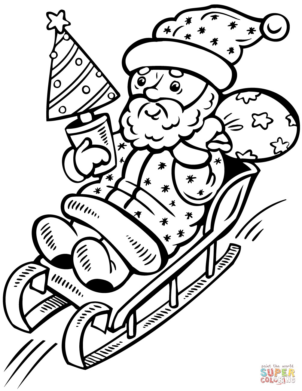 Santa Claus In Sleigh Coloring Page Santa Claus On Sleigh With Christmas Tree Coloring Page Free Awesome