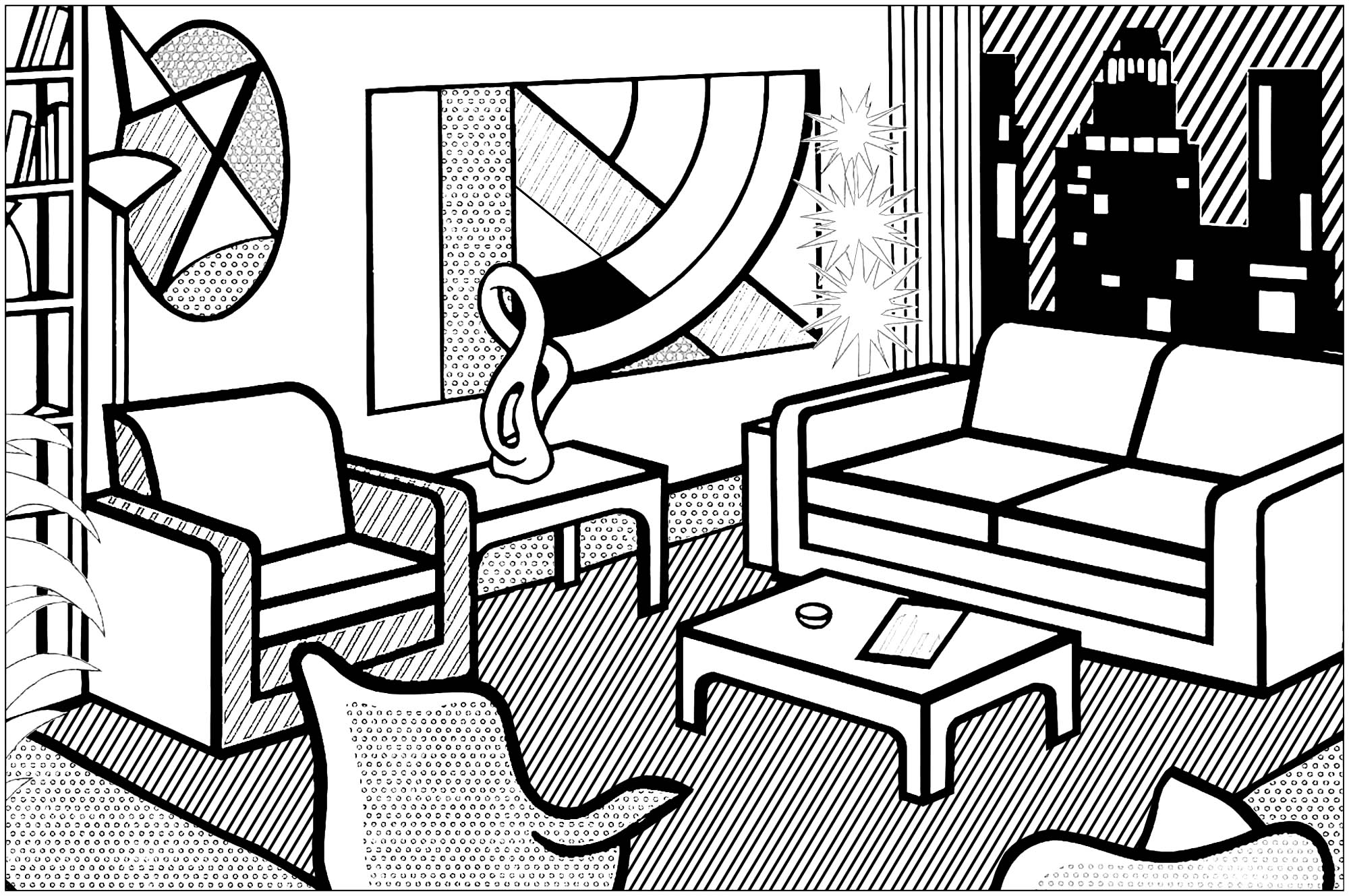 Skyline Coloring Pages Roy Lichtenstein Interior With Skyline Art Adult Coloring Pages