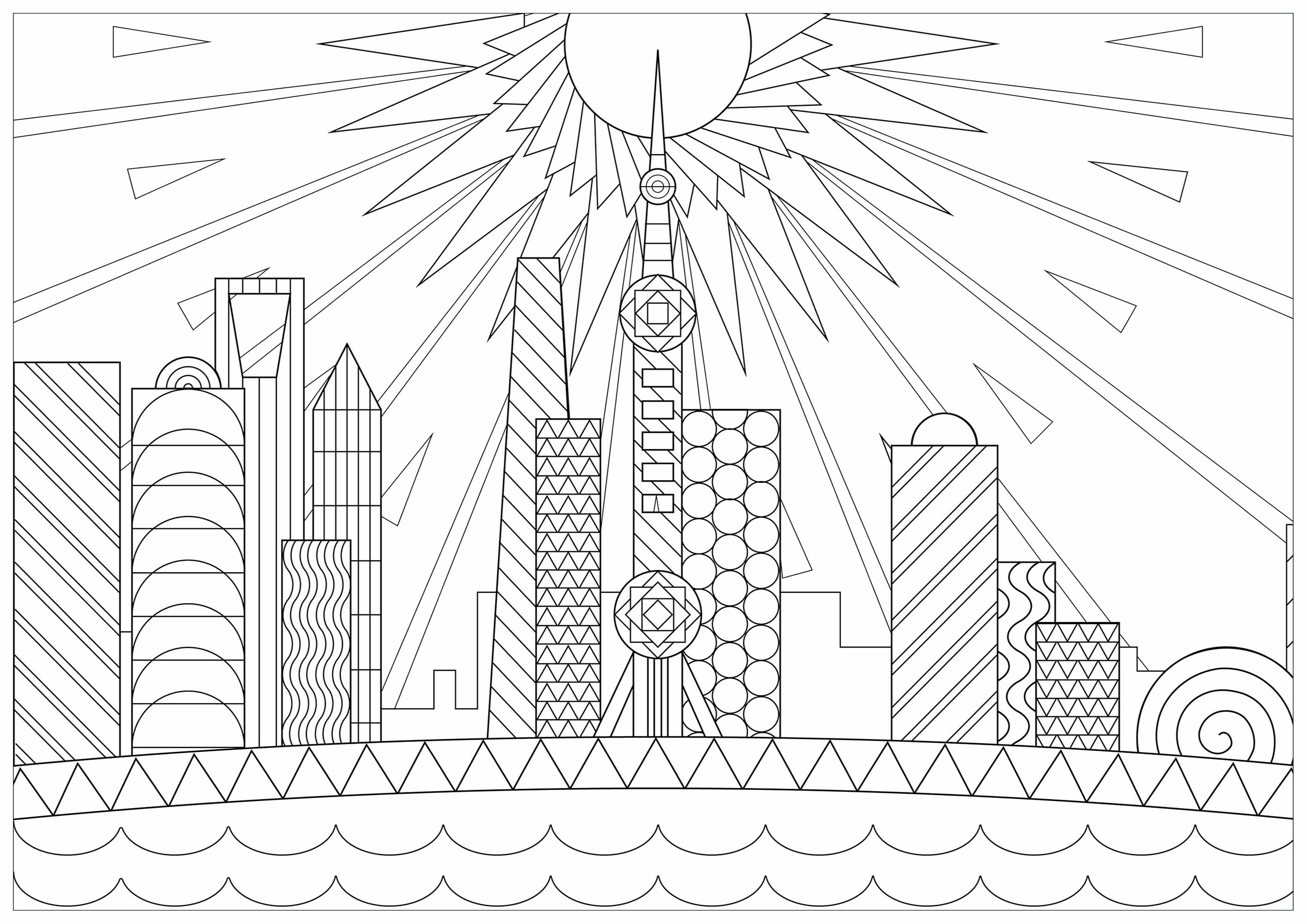 Skyline Coloring Pages Shanghai Buildings Lscapes Adult Coloring Pages