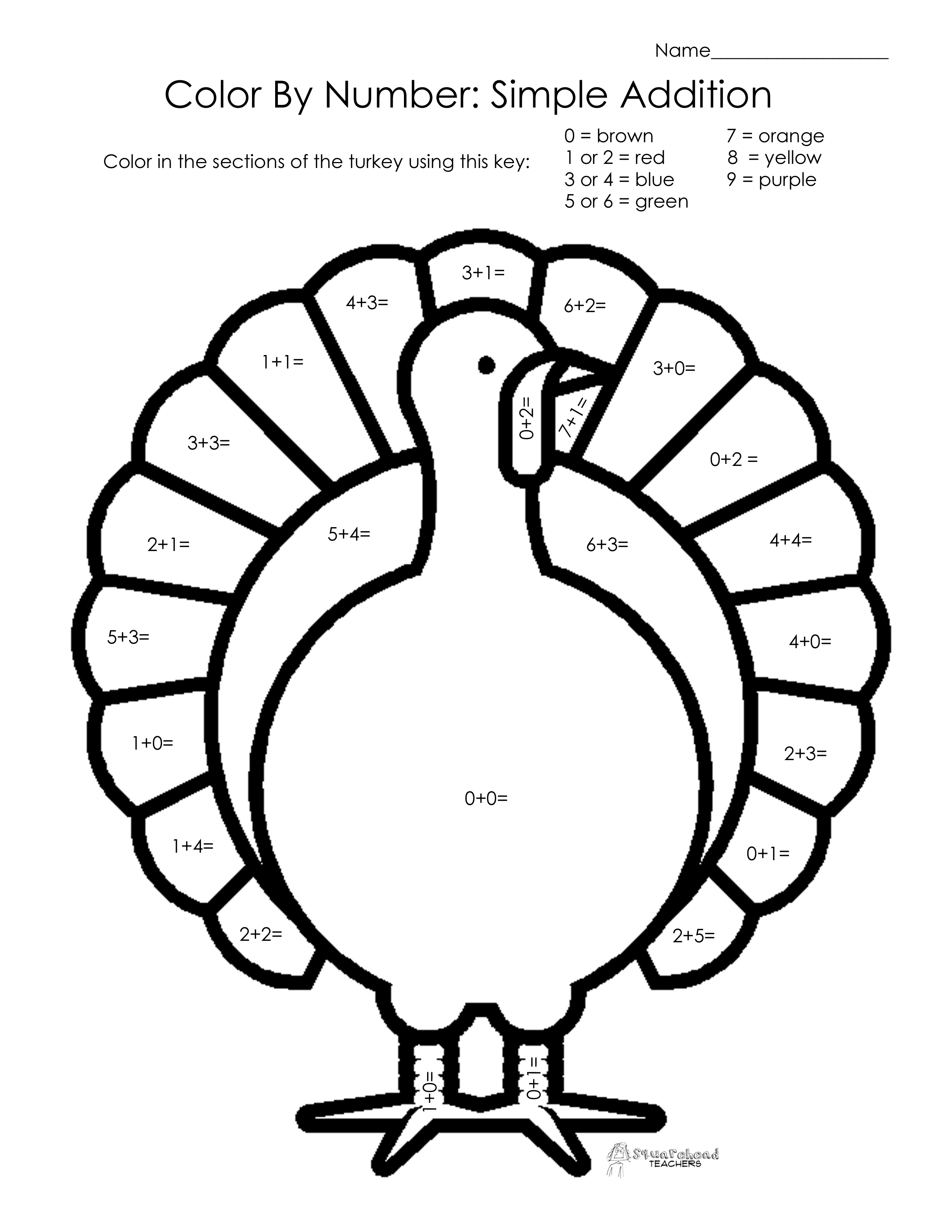 Thanksgiving Color By Number Pages Thanksgiving Color Number Simple Addition Squarehead Teachers