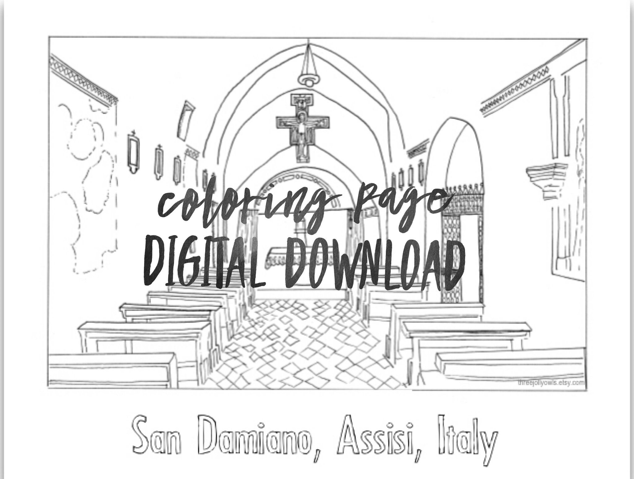 The Church Began Coloring Page San Damiano Coloring Page Assisi Italy Church St Francis Digital Download Line Drawing