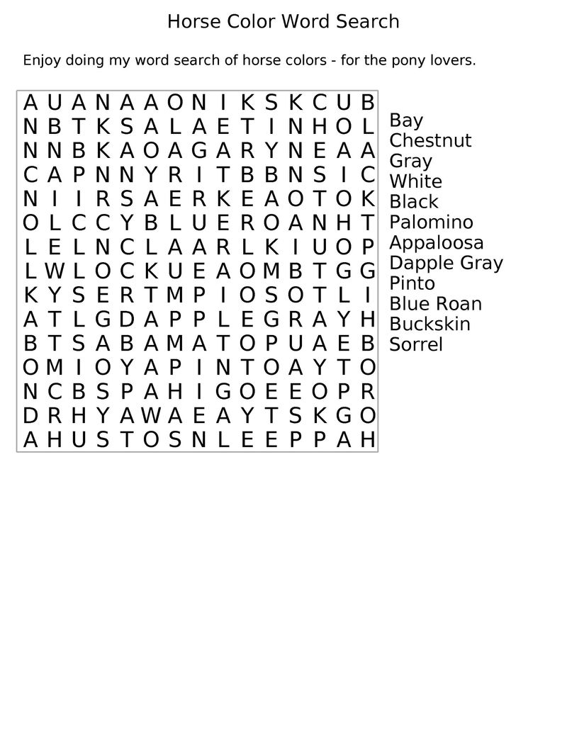 Word Search Coloring Pages Horse Word Search Color Printable Coloring Pages For Kids